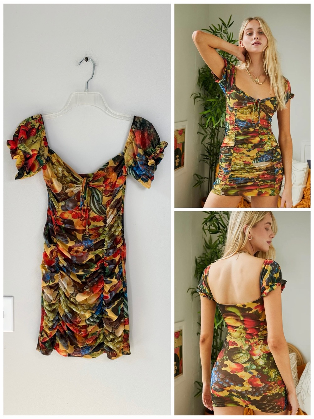 Urban Outfitters Retro Fruit Patterned Off-Shoulder Ruched Mini Dress Eclectic